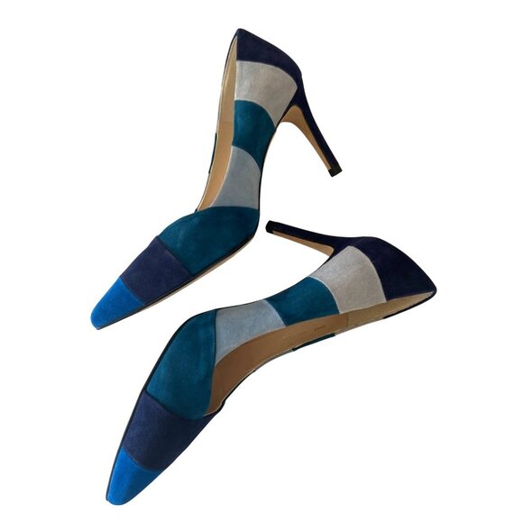 L.K. Bennett London Women's 38.5 Blue Suede Colorblock Pointed Toe Heels Spain - Picture 4 of 9